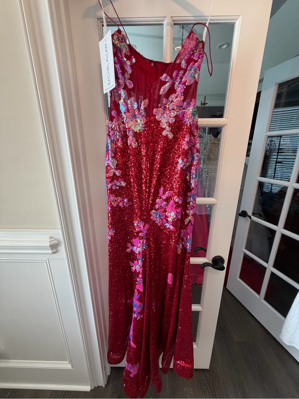Red Sequin Gown with Pink Floral Appliqué - Picture 5 of 5